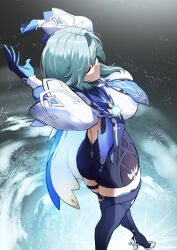 Rule 34 | 1girl, absurdres, arms up, ass, aura, backless outfit, black footwear, black hairband, blue cape, blue gloves, blue hair, blue necktie, boots, breasts, cape, closed eyes, closed mouth, clothing cutout, crossed legs, dutch angle, eula (genshin impact), foot out of frame, foreshortening, genshin impact, gloves, hairband, hands up, high-waist shorts, high heel boots, high heels, highres, kuremon, large breasts, median furrow, medium hair, necktie, shorts, shoulder cutout, side cape, solo, thigh boots, vision (genshin impact), watson cross, white sleeves, wide sleeves