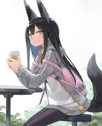 Rule 34 | 1girl, animal ear fluff, animal ears, backpack, bag, black hair, black pantyhose, coffee cup, cup, disposable cup, elbow rest, expressionless, fox ears, fox girl, fox tail, from side, grey jacket, hair between eyes, highres, holding, holding cup, jacket, kuromitsu nene, long hair, looking at viewer, original, pantyhose, pink bag, poco (asahi age), sitting, solo, table, tail, yellow eyes