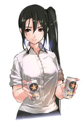 Rule 34 | 10s, 1girl, akasaai, alternate costume, beer can, black hair, blush, brown eyes, can, casual, drink can, highres, kantai collection, long hair, nachi (kancolle), ponytail, side ponytail, simple background, smile, solo, white background