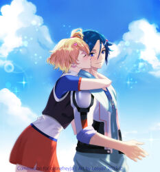 Rule 34 | 1boy, 1girl, artist name, black jacket, blonde hair, blue shirt, blush, closed eyes, cloud, colored tips, commentary, commission, cropped jacket, english commentary, freyja wion, from side, hair between eyes, hair ornament, hayate immelmann, heart, heart hair ornament, highres, hug, hug from behind, jacket, kiss, kissing cheek, lesya rei, looking back, macross, macross delta, multicolored hair, orange skirt, shirt, short hair, skirt, sky, sleeveless, sleeveless jacket, smile, sparkle, white jacket