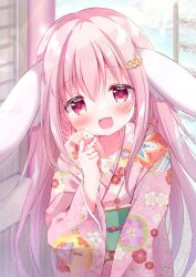 Rule 34 | 1girl, :3, :d, animal ears, extra ears, floppy ears, floral print, green sash, hair ornament, hanasaki chiyu, hanasakichu, hatsumoude, heart, heart hair ornament, highres, holding, japanese clothes, kimono, long hair, looking at viewer, new year, obi, omikuji, open mouth, original, pink hair, pink kimono, rabbit ears, rabbit girl, red eyes, sash, smile, solo, upper body, virtual youtuber