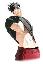 Rule 34 | 1boy, absurdres, black hair, black male underwear, black shirt, covering own mouth, guilty challenge (meme), haikyuu!!, hand over own mouth, highres, kuroo tetsurou, male focus, male underwear, meme, msal peace, muscular, muscular male, navel, red shorts, shirt, short hair, shorts, solo, spiked hair, stomach, t-shirt, underwear, yellow eyes
