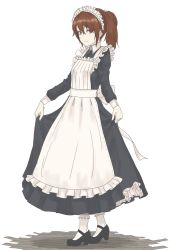 Rule 34 | 1girl, alternate costume, apron, black dress, black footwear, bobby socks, brown eyes, brown hair, commentary request, dress, enmaided, frilled dress, frills, full body, highres, kantai collection, long hair, long sleeves, looking at viewer, maid, maid apron, maid headdress, nito (nshtntr), petticoat, ryuujou (kancolle), simple background, skirt hold, smile, socks, solo, standing, twintails, white apron, white socks