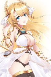 Rule 34 | 1girl, azur lane, bare shoulders, black panties, black thighhighs, blonde hair, blue eyes, breasts, chain, cleavage, commentary, dress, eyelashes, fingernails, floating hair, flower ornament, hair ornament, highres, holding, holding staff, jewelry, koh (xxsmell), large breasts, laurel crown, long hair, looking at viewer, navel, panties, parted lips, playing with own hair, ribbon, rigging, sleeveless, sleeveless dress, solo, staff, thighhighs, turret, underwear, veil, victorious (azur lane), wrist ribbon