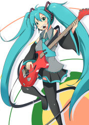 Rule 34 | 1girl, ahoge, aqua hair, boots, detached sleeves, electric guitar, green eyes, grin, guitar, hatsune miku, headset, instrument, long hair, mouth hold, necktie, plectrum, skirt, smile, solo, thigh boots, thighhighs, twintails, utouto, very long hair, vocaloid