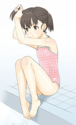 Rule 34 | 1girl, adjusting hair, barefoot, breasts, brown eyes, brown hair, feet, mattaku mousuke, one-piece swimsuit, original, sitting, small breasts, solo, swimsuit, toes, twintails