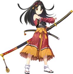 Rule 34 | 1girl, artist request, black hair, detached sleeves, fighting stance, full body, hair ornament, hairband, high ponytail, holding, holding sword, holding weapon, katana, long hair, official art, oshiro project:re, oshiro project:re, ready to draw, sheath, sheathed, smile, standing, sword, transparent background, weapon, yagyuu (oshiro project), yellow eyes