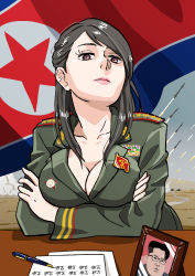 Rule 34 | 1girl, black hair, breast rest, breasts, brown eyes, cleavage, communism, crossed arms, facing viewer, jacket, kim jong-un, kim yo-jong, korean text, large breasts, long hair, looking at viewer, military, military jacket, military uniform, missile, north korean flag, picture frame, real life, smalltung, solo, swept bangs, translation request, uniform