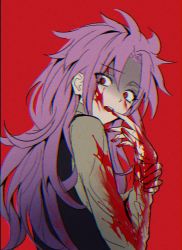Rule 34 | 1boy, 7himebdgd, black vest, blood, blood on clothes, blood on face, blood on hands, chromatic aberration, commentary request, eyes visible through hair, hatsutori hajime, holding own wrist, korean commentary, long hair, long sleeves, looking back, open mouth, panicking, pink hair, red background, red eyes, saibou shinkyoku, solo, sweater, turtleneck, turtleneck sweater, upper body, vest, wide-eyed, yellow sweater