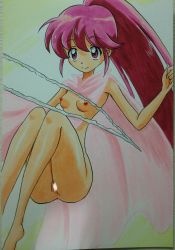 Rule 34 | 1girl, absurdres, aino megumi, ashigaki radar, barefoot, breasts, censored, floating, happinesscharge precure!, highres, long hair, naked robe, nipples, pink eyes, pink hair, pink robe, ponytail, precure, pussy, robe, small breasts, smile, two-tone background, white background, yellow background