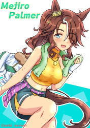 Rule 34 | 1girl, animal ears, blush, breasts, brown hair, character name, commentary request, cowboy shot, crop top, cropped jacket, ear ornament, fur-trimmed jacket, fur trim, green eyes, green skirt, grin, hair between eyes, horse ears, horse girl, horse tail, jacket, jewelry, long hair, long sleeves, looking at viewer, medium breasts, mejiro palmer (umamusume), midriff, miniskirt, multicolored hair, navel, necklace, one eye closed, open clothes, open jacket, open mouth, pleated skirt, ponytail, seki (hyokosho), shirt, sidelocks, simple background, sitting, skirt, smile, solo, standing, star (symbol), streaked hair, sweat, tail, teeth, towel, towel around neck, twitter username, umamusume, unworn jacket, white background, white hair, white jacket, yellow shirt