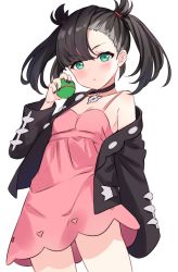 Rule 34 | 1girl, aqua eyes, asymmetrical bangs, asymmetrical hair, black choker, black hair, black jacket, black nails, blush, breasts, choker, closed mouth, collarbone, creatures (company), dress, dusk ball, fingernails, game freak, highres, hitsukuya, jacket, long hair, long sleeves, looking at viewer, marnie (pokemon), nail polish, nintendo, off shoulder, pink dress, poke ball, pokemon, pokemon swsh, simple background, small breasts, solo, thighs, twintails, undercut, white background