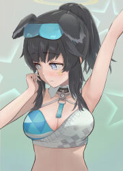 Rule 34 | 1girl, 3:, animal ears, arm up, armpits, black hair, blue archive, blush, breasts, character name, cheek poking, cheerleader, cleavage, commentary request, detached collar, dog ears, dog girl, embarrassed, eyewear on head, facial tattoo, facing away, grey eyes, hair between eyes, halo, head tilt, hibiki (blue archive), hibiki (cheer squad) (blue archive), highres, long hair, looking away, looking down, medium breasts, midriff, millennium cheerleader outfit (blue archive), official alternate costume, pleated skirt, poking, ponytail, ryh4, sidelocks, simple background, skirt, sleeveless, solo, star tattoo, sunglasses, tattoo