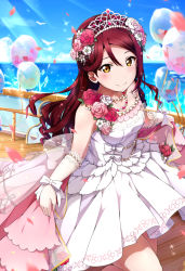 Rule 34 | 1girl, balloon, bird, bow, cherry blossoms, day, dock, dress, elbow gloves, flower, gloves, hair flower, hair ornament, highres, jewelry, lace, lace-trimmed gloves, lace trim, long hair, looking at viewer, love live!, love live! school idol festival, love live! sunshine!!, necklace, ocean, outdoors, overskirt, petals, pink flower, pink rose, red hair, ribbon, rose, sakurauchi riko, shiimai, skirt hold, smile, solo, sparkle, tiara, wedding dress, white bow, white dress, white flower, white gloves, white rose, wrist ribbon, yellow eyes
