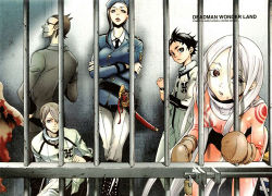 Rule 34 | 2girls, 3boys, :o, against wall, age difference, albino, arm grab, belt, bent over, beret, black hair, bodysuit, boots, breasts, brown hair, buttons, clenched hand, collar, copyright name, crossed arms, crossed legs, deadman wonderland, evil grin, evil smile, foreshortening, formal, glasses, grey hair, grin, hair between eyes, hair over one eye, hand on own hip, hat, igarashi ganta, indoors, jacket, kondou kazuma, large breasts, lips, lipstick, lock, long hair, looking back, lowres, makeup, makina (deadman wonderland), military, military uniform, mittens, multiple boys, multiple girls, necktie, official art, open mouth, padlock, pants, parted lips, prison, prison clothes, rapier, red eyes, shadow, sheath, shiro (character), shiro (deadman wonderland), short hair, sidelocks, sitting, skin tight, smile, spiked hair, standing, suit, sword, takami yoh, takami you, tamaki tsunenaga, uniform, very long hair, weapon, white hair