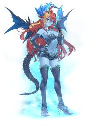 Rule 34 | 1girl, ahoge, black thighhighs, blue eyes, blue gloves, blue hair, blue horns, blue shorts, blue skin, blue wings, boots, breasts, cleavage, colored skin, crop top, elbow gloves, full body, gloves, hair between eyes, halo, hand on own hip, hera-is (p&amp;d), hera (p&amp;d), high heel boots, high heels, highres, horns, itou youichi, jewelry, large breasts, long hair, midriff, navel, necklace, pointy ears, puzzle &amp; dragons, red hair, short shorts, shorts, solo, standing, tail, thigh boots, thighhighs, thighs, twitter username, wings