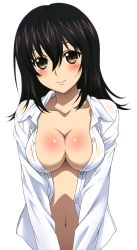 Rule 34 | 1girl, black hair, blush, breasts, brown eyes, cleavage, highres, himeragi yukina, looking at viewer, medium breasts, navel, open clothes, open shirt, smile, solo, strike the blood, tagme, transparent background