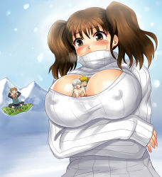 Rule 34 | 10s, 2boys, 2girls, arms under breasts, between breasts, blush, boots, grabbing another&#039;s breast, breast hold, breasts, brown eyes, brown hair, bursting breasts, cleavage, cleavage cutout, clothing cutout, covered mouth, crossed arms, diane (nanatsu no taizai), elizabeth liones, covered erect nipples, closed eyes, floating, giant, giantess, grabbing, grabbing from behind, hair over one eye, hetero, king (nanatsu no taizai), large breasts, long hair, meliodas, meme attire, multiple boys, multiple girls, nanatsu no taizai, open-chest sweater, open mouth, person between breasts, pillow, purple eyes, ribbed sweater, short hair, sweater, tears, turtleneck, twintails, y.ssanoha