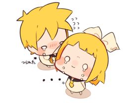 Rule 34 | ..., 1boy, 1girl, :i, arrow (symbol), barefoot, blonde hair, blunt bangs, bow, brother and sister, chibi, commentary request, crying, crying with eyes open, dress, dripping, flying sweatdrops, hair bow, kagamine len, kagamine rin, kitsune no ko, looking up, necktie, o o, pout, sailor dress, short hair, siblings, simple background, sleeveless, sleeveless dress, standing, tears, twins, vocaloid, white background, yellow neckwear