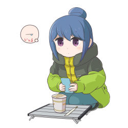 Rule 34 | 1girl, aged down, cellphone, chopsticks, commentary, denden, eyes visible through hair, hair bun, holding, instant ramen, jacket, nissin cup noodle, phone, purple eyes, shima rin, single hair bun, smartphone, solo, squatting, table, translated, white background, winter clothes, yurucamp