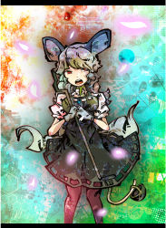 Rule 34 | 1girl, animal ears, breasts, dress, female focus, glisten, gloves, gradient background, grey hair, mouse ears, nazrin, solo, tail, touhou