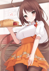 Rule 34 | 1girl, ahoge, anna miller, blurry, blurry background, blush, breasts, brown eyes, brown hair, brown pantyhose, cherry pie, cisyo, closed mouth, collared shirt, commentary request, depth of field, dress shirt, food, framed breasts, highres, holding, holding tray, indoors, large breasts, long hair, looking at viewer, orange skirt, original, pantyhose, pie, pleated skirt, ponytail, puffy short sleeves, puffy sleeves, shirt, short sleeves, skirt, smile, solo, suspender skirt, suspenders, tray, very long hair, waitress, white shirt