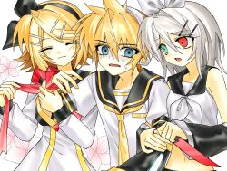 1boy 2girls absurdres blonde_hair blue_eyes blush detached_sleeves heterochromia highres hynn0x_x kagamine_len kagamine_rin kyoufu_garden_(vocaloid) multiple_girls necktie sailor_collar shirokuro_byoutou_(vocaloid) smile sweat vocaloid white_hair yellow_necktie