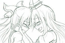 Rule 34 | 2girls, blush, bow, closed eyes, crying, female focus, flask (pandora), fujiwara no mokou, green theme, hair bow, hands on another&#039;s face, hat, kamishirasawa keine, long hair, monochrome, multiple girls, open mouth, simple background, smile, tears, touhou, white background
