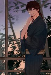 Rule 34 | 1boy, alternate costume, alternate hairstyle, brown hair, facial hair, fate/grand order, fate (series), fence, goatee, gradient background, hand on own neck, hector (fate), itokon300, japanese clothes, kimono, looking at viewer, male focus, open mouth, ponytail, simple background, smile, solo, tree, upper body, window