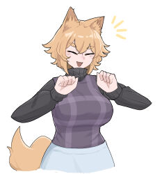 Rule 34 | 1girl, animal ears, blonde hair, blush, breasts, closed eyes, hair between eyes, hands up, highres, large breasts, mata (matasoup), open mouth, short hair, simple background, skirt, smile, solo, sweater, tail, turtleneck, urotsuki, wolf ears, wolf girl, wolf tail, yume 2kki