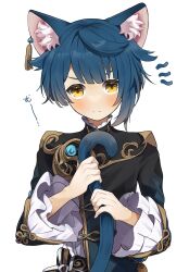 Rule 34 | 1boy, absurdres, animal ears, blue hair, blue tail, blush, cat boy, cat ears, cat tail, chinese clothes, closed mouth, earrings, genshin impact, gorila chan, hair between eyes, highres, jewelry, long sleeves, looking at viewer, male focus, multiple boys, short hair, single earring, solo, tail, white background, xingqiu (genshin impact), yellow eyes