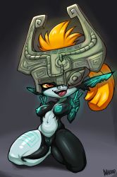 Rule 34 | 1girl, absurdres, artist name, black background, breasts, cleft of venus, colored sclera, colored skin, darknud, double v, full body, helmet, highres, kneeling, looking at viewer, medium breasts, midna, multicolored skin, navel, nintendo, nipples, nude, one eye covered, open mouth, orange hair, pointy ears, pussy, red eyes, simple background, solo, spread legs, teeth, the legend of zelda, the legend of zelda: twilight princess, thick thighs, thighs, tongue, tongue out, two-tone skin, uncensored, upper teeth only, v, yellow sclera