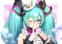 Rule 34 | 1girl, :&gt;, aqua eyes, aqua hair, bare shoulders, blush, bow, bowtie, commentary, diamond (shape), facial tattoo, finger to mouth, framed breasts, frilled neckwear, gloves, hair ornament, hat, hatsune miku, hokuotzu, index finger raised, long hair, looking to the side, magical mirai (vocaloid), magical mirai miku, magical mirai miku (2019), mini hat, mini top hat, neck ruff, one eye closed, pink bow, pink bowtie, solo, star (symbol), star in eye, symbol in eye, tattoo, top hat, twintails, upper body, very long hair, vocaloid, white gloves, white hat, wrist cuffs