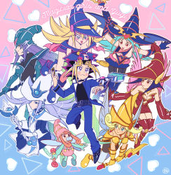 Rule 34 | 1boy, 6+girls, apple magician girl, bare shoulders, belt, berry magician girl, black shirt, blonde hair, blush, blush stickers, boots, breasts, card, character name, chocolate magician girl, cleavage, closed mouth, commentary request, dark magician girl, duel disk, duel monster, dyed bangs, fingernails, green eyes, hair between eyes, harem, hat, heart, holding, holding card, jacket, kiwi magician girl, koma yoichi, leg up, lemon magician girl, long hair, long sleeves, multicolored hair, multiple girls, muto yugi, open mouth, pants, purple eyes, purple hair, school uniform, shirt, shoes, silent magician, smile, spiked hair, sweatdrop, wand, yu-gi-oh!, yu-gi-oh! the dark side of dimensions