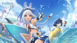 Rule 34 | 1girl, :d, absurdres, animal, bare shoulders, blue hairband, blue sky, braid, crop top, dark skin, genshin impact, hairband, highres, long hair, looking at viewer, midriff, mualani (genshin impact), official art, open mouth, reaching, reaching towards viewer, red eyes, sky, smile, stomach, surfboard, third-party source, water, white hair