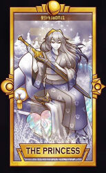 Rule 34 | 1girl, black border, border, closed mouth, cloud, cloudy sky, commentary, couch, crescent, english commentary, english text, fire emblem, fire emblem awakening, forest, full body, geta, heart, holding, holding sword, holding weapon, japanese clothes, kimono, limited palette, long hair, long sleeves, looking at viewer, lucina (fire emblem), nature, nintendo, obi, official alternate costume, pillow, quas-quas, sash, sitting, sky, smash ball, smile, solo, sparkle, star (symbol), super smash bros., sword, tabi, tarot, the empress (tarot), tiara, weapon, wheat field, wide sleeves, yukata