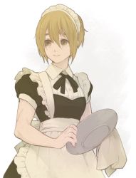 Rule 34 | 1boy, apron, blonde hair, brown eyes, crossdressing, dress, gensou suikoden, gensou suikoden v, highres, maid, maid headdress, natsuo (hatohaco), richard (suikoden), simple background, smile, solo, white background