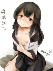 Rule 34 | 1girl, akino shuu, black hair, black sailor collar, black skirt, black socks, blouse, blush, breasts, brown eyes, closed mouth, collarbone, commentary request, dated, isonami (kancolle), isonami kai ni (kancolle), kantai collection, long hair, looking at viewer, nipples, nose blush, official alternate hairstyle, pleated skirt, sailor collar, school uniform, serafuku, shirt, sitting, skirt, small breasts, socks, solo, torn clothes, torn shirt, translation request, twitter username, white background, white shirt