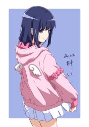 Rule 34 | 1girl, blue background, blue eyes, blue hair, border, closed mouth, commentary, cowboy shot, dark blue hair, dated, frilled sleeves, frills, from behind, highres, hood, hood down, hoodie, long hair, long sleeves, looking at viewer, looking back, miniskirt, nii manabu, original, outside border, pink hoodie, pleated skirt, puffy long sleeves, puffy sleeves, signature, simple background, skirt, skirt hold, smile, solo, split mouth, standing, white border, white skirt, winged hoodie