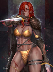 Rule 34 | 1girl, armor, bikini armor, blood, cuts, dagger, dual wielding, hibren, holding, holding dagger, holding knife, holding weapon, injury, knife, long hair, red hair, red sonja, watermark, weapon
