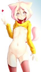 Rule 34 | 1girl, absurdres, animal ears, antenna hair, arm at side, blush, bob cut, bottomless, bright pupils, cat ears, cat girl, cat tail, cleft of venus, collar, cowboy shot, female focus, fir3born, flat chest, gradient background, hair between eyes, hand up, heart, highres, hood, hood down, hooded shrug, long sleeves, looking at viewer, matching hair/eyes, navel, nipples, no shirt, original, parted lips, pink eyes, pink hair, pussy, red thighhighs, short hair, shrug (clothing), sidelocks, simple background, solo, standing, stomach, tail, teeth, thighhighs, thonk (fir3born), uncensored, v, white background, white pupils