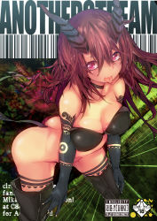 Rule 34 | 1girl, black thighhighs, boots, breasts, choker, cleavage, demon girl, demon tail, horns, long hair, open mouth, original, piercing, red eyes, red hair, rib:y(uhki), solo, tail, tattoo, thigh boots, thighhighs, tongue, tongue out, tongue piercing
