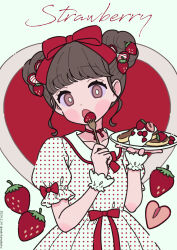 Rule 34 | 1girl, blue background, blush stickers, bow, brown eyes, brown hair, collared dress, commentary, double bun, dress, english text, food, food-themed hair ornament, fork, fruit, hair bow, hair bun, hair ornament, hands up, heart, highres, holding, holding fork, holding plate, long sleeves, looking at viewer, neki (wakiko), open mouth, original, pancake, pancake stack, plate, polka dot, polka dot dress, puffy long sleeves, puffy sleeves, red bow, sidelocks, solo, strawberry, strawberry hair ornament, unmoving pattern
