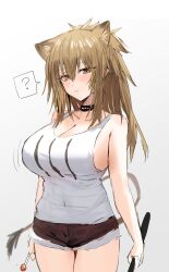 Rule 34 | 1girl, ?, animal ears, arknights, bare arms, bare shoulders, black choker, breasts, brown eyes, brown hair, brown shorts, choker, cleavage, commentary request, cowboy shot, cutoffs, gradient background, grey background, hair between eyes, highres, horn/wood, large breasts, lion ears, long hair, looking at viewer, short shorts, shorts, siege (arknights), solo, spoken question mark, standing, tank top, thighs, white tank top