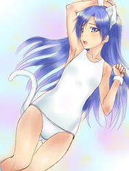 Rule 34 | 1girl, animal ears, arm up, armpits, blue hair, cat ears, cat tail, idolmaster, idolmaster (classic), kisaragi chihaya, long hair, myu-po, one-piece swimsuit, open mouth, solo, swimsuit, tail, white one-piece swimsuit