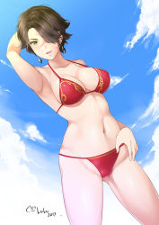 Rule 34 | 1girl, 2017, arm up, armpits, artist name, bad id, bad pixiv id, bikini, black hair, breasts, cinder fall, cleavage, cloud, collarbone, cowboy shot, dated, day, highres, jewelry, large breasts, lenny face, looking at viewer, lulu-chan92, nipples, nude, open mouth, rwby, scar, scar across eye, scar on face, shiny skin, short hair, simple background, sky, solo, swimsuit, yellow eyes