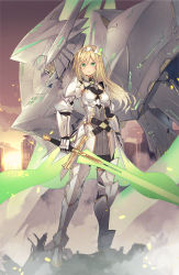 Rule 34 | &gt;:(, 1girl, absurdres, armor, armored boots, armored dress, armpit cutout, arms at sides, backlighting, belt, blonde hair, blush, boots, breasts, building, closed mouth, clothing cutout, commentary request, dress, earrings, full body, gauntlets, green eyes, hair between eyes, hairband, highres, holding, holding sword, holding weapon, huge filesize, ichijoji kotna, isegawa yasutaka, jewelry, long hair, looking at viewer, md5 mismatch, mecha, medium breasts, original, outdoors, pauldrons, resolution mismatch, robot, serious, shoulder armor, solo, source smaller, standing, sunlight, sword, thigh boots, thighhighs, waist cape, weapon, white dress, white hairband