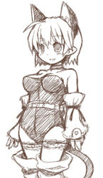 Rule 34 | 1girl, 7010, animal ears, brown theme, lowres, monochrome, pointy ears, short hair, sketch, smile, solo, tail, thighhighs
