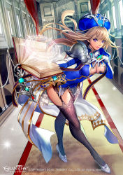 Rule 34 | 1girl, armor, blonde hair, book, breasts, chain, cleavage, cleavage cutout, clothing cutout, copyright name, crystal, dated, ddongu, fishnets, gloves, granatha eternal, hallway, hand on own chest, hat, high heels, highres, large breasts, leaning forward, lipstick, long hair, looking at viewer, magic circle, makeup, pauldrons, purple eyes, shoulder armor, smile, solo, thighhighs