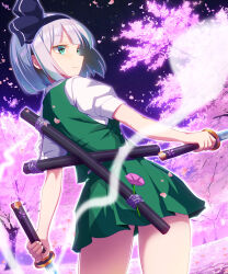 Rule 34 | 1girl, black bow, black hairband, bow, bow hairband, cherry blossoms, collared shirt, dual wielding, expressionless, falling petals, flower, from behind, ghost, green eyes, green skirt, green vest, grey hair, hairband, highres, holding, holding sword, holding weapon, katana, kisaragi koushi, konpaku youmu, konpaku youmu (ghost), looking to the side, night, night sky, outdoors, petals, pink flower, pleated skirt, puffy short sleeves, puffy sleeves, scabbard, sheath, shirt, short hair, short sleeves, sidelocks, skirt, skirt set, sky, slit pupils, sword, touhou, vest, weapon, white shirt